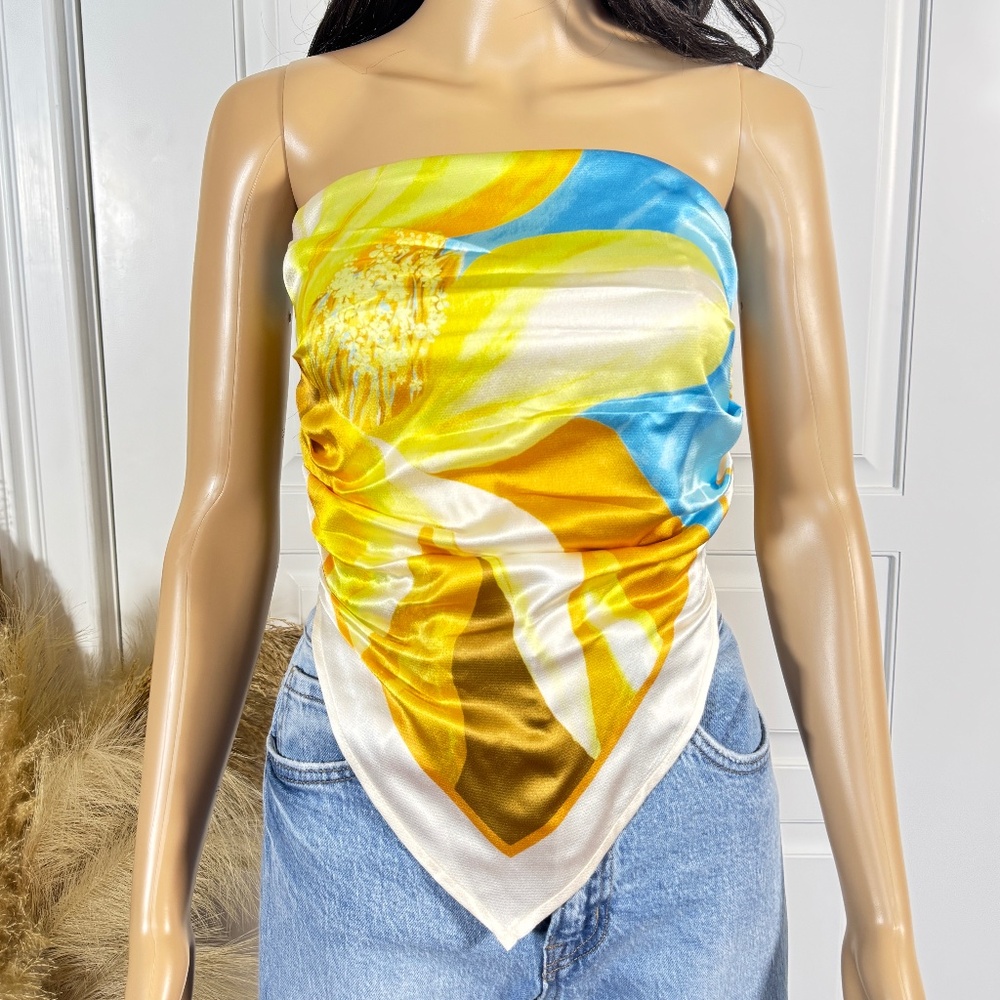 STRAPLESS ABSTRACT SATIN EFFECT SCARF TOP - Picture 11 of 13